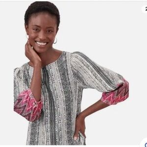 Garnet Hill Dress 100% Linen Shift Tribal Aztec Bohohemian 3/4 Sleeve Purple Lar